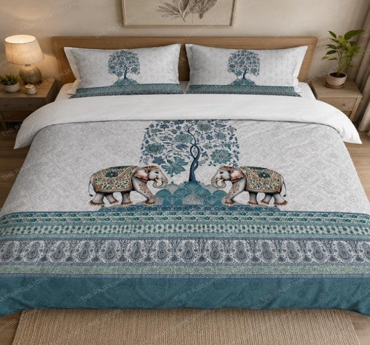 Royal Elephant Digital Bedsheet - Teal Blue