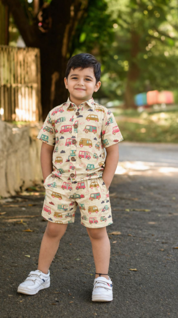Car Print Beige Pure Cotton Kids CO-ORD SET
