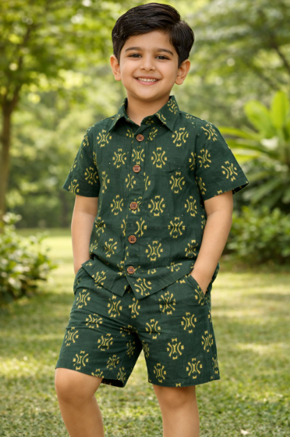 Dark Green Printed Pure Cotton Kids CO-ORD SET