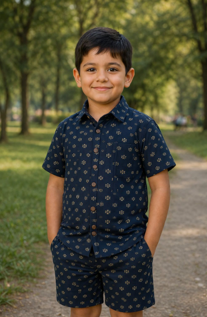 Dark Blue Printed Pure Cotton Kids CO-ORD SET