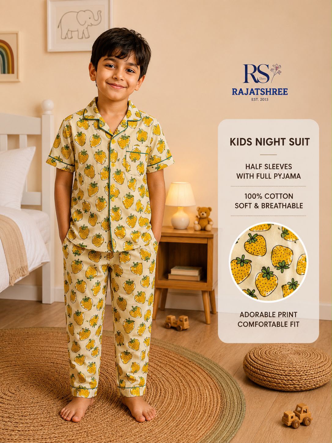Yellow Strawberry Pure Cotton Night Suit for Kids