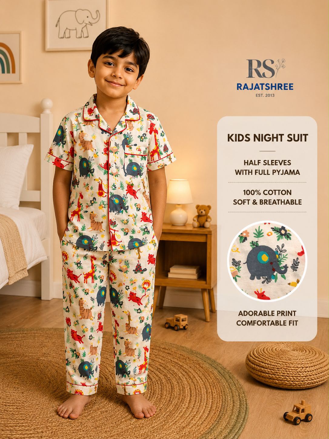 Fun Animals Pure Cotton Night Suit for Kids
