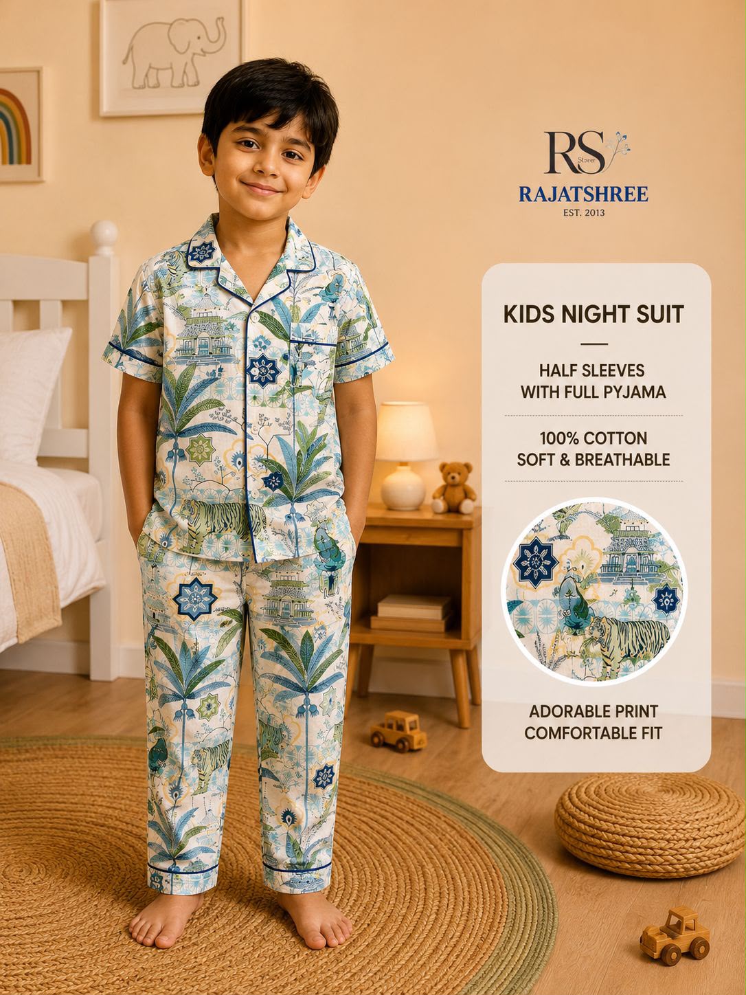 Jungle Pure Cotton Night Suit for Kids