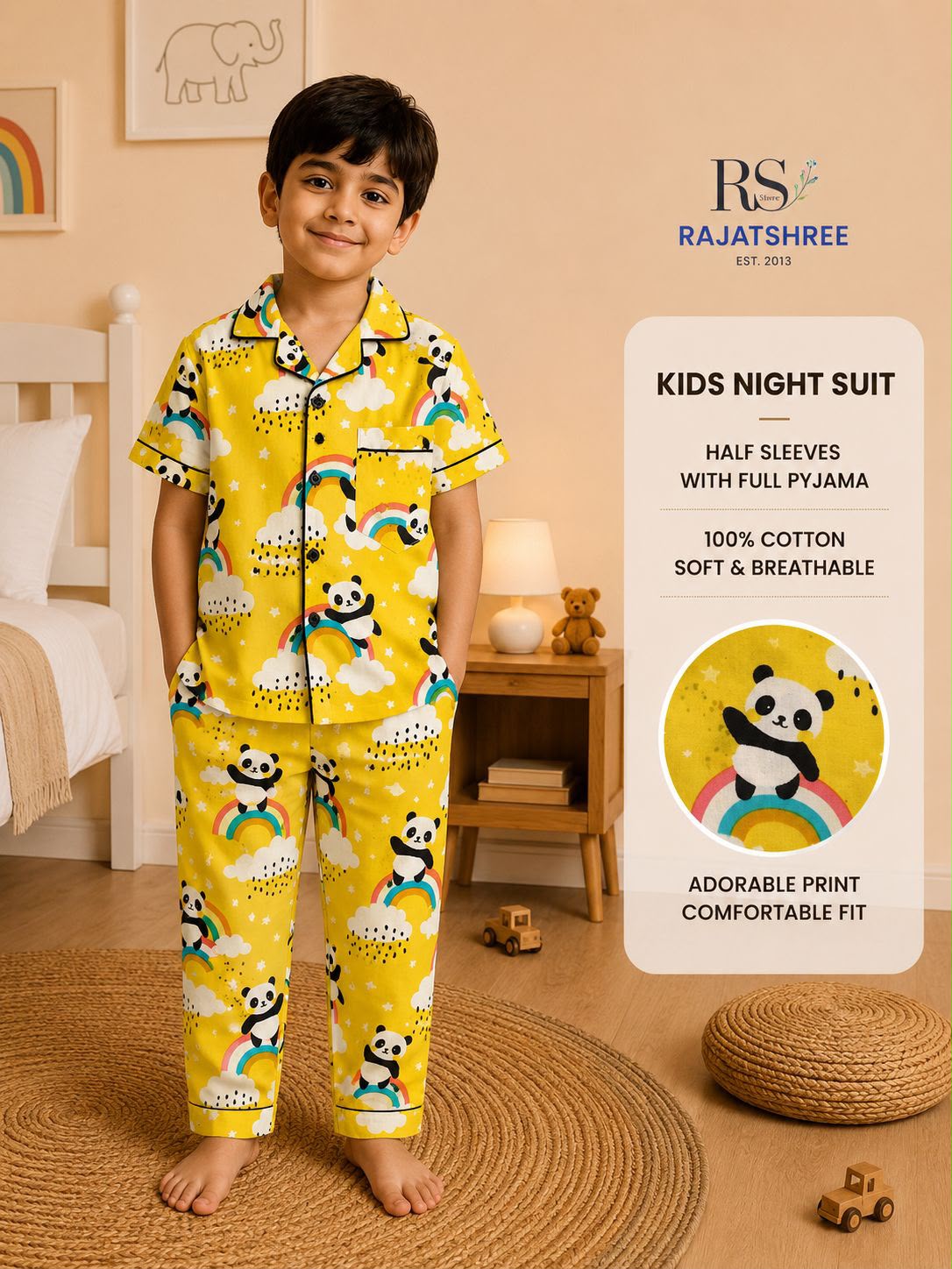 Panda on the Rainbow Pure Cotton Night Suit for Kids