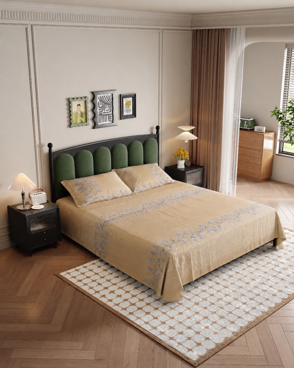 Blue Leaf Border Digital Bedsheet