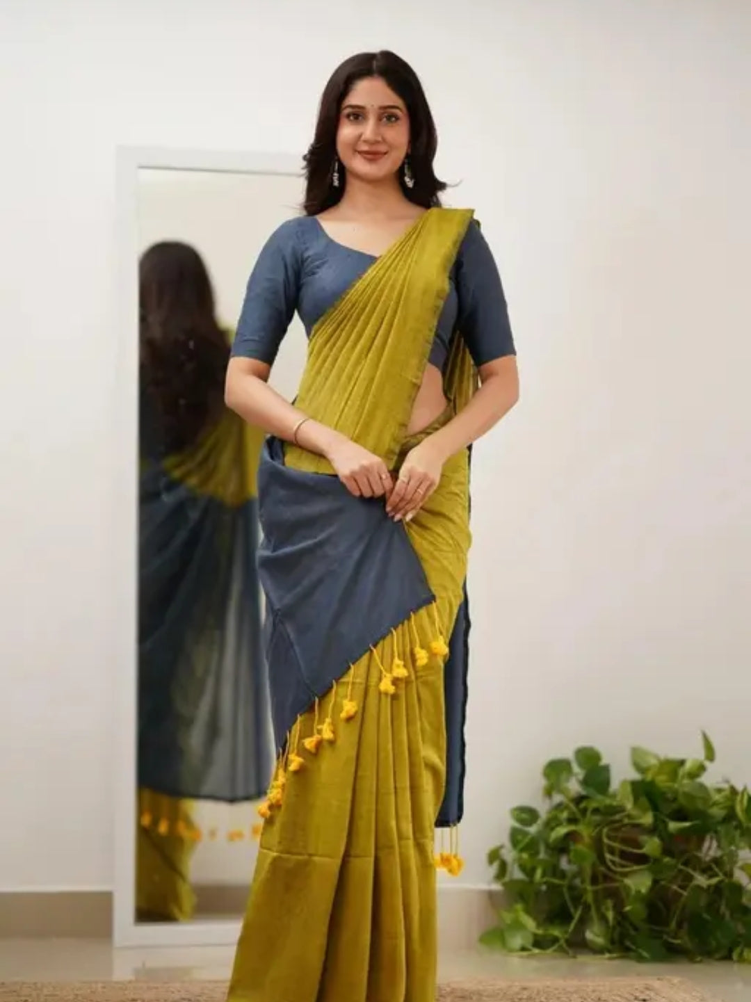 Woven Handloom Pure Cotton Duel Shade Saree - Yellow & Grey
