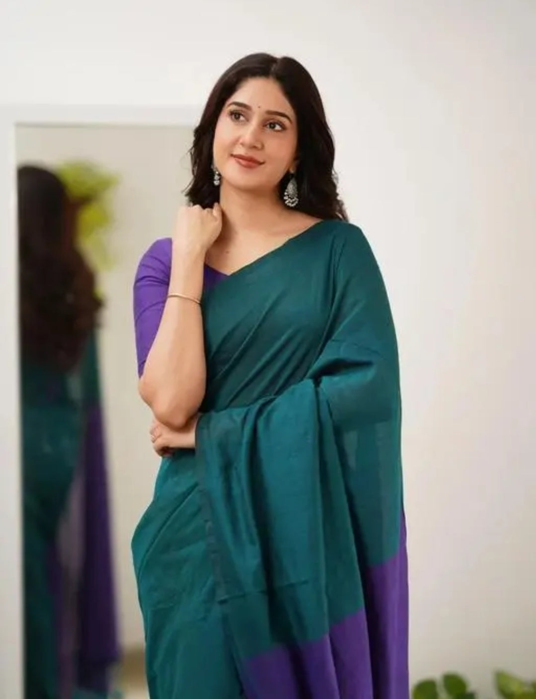 Woven Handloom Pure Cotton Duel Shade Saree - Teal & Purple