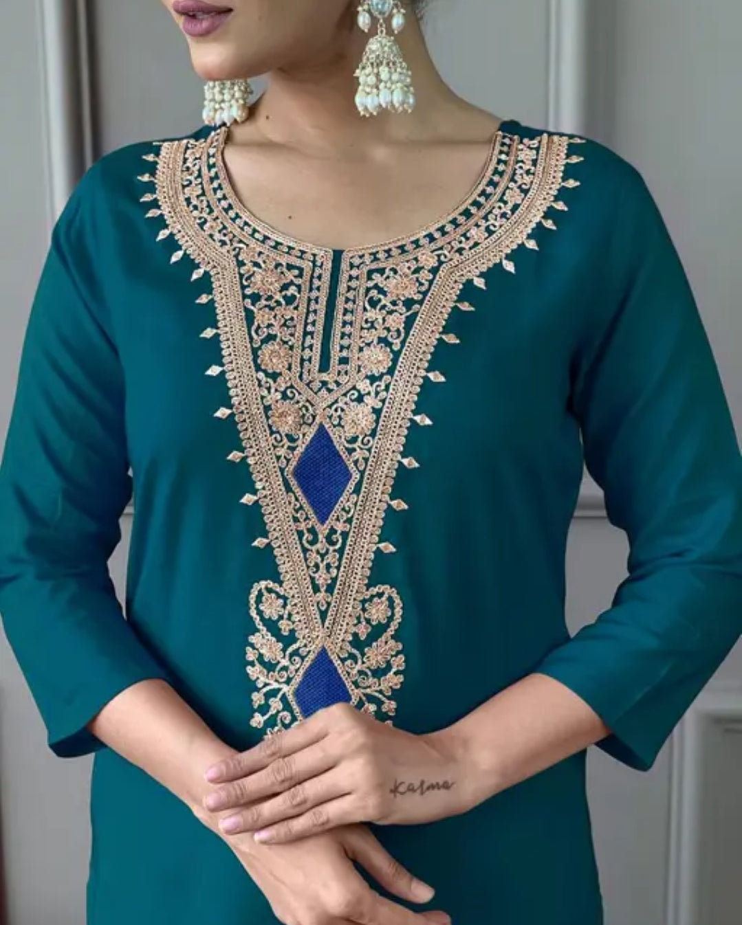 Teal Embroidered Rayon Kurta Set