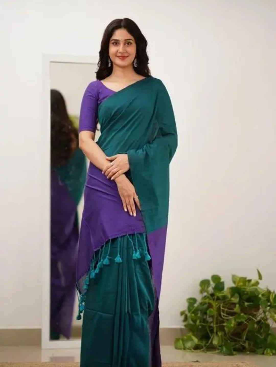 Woven Handloom Pure Cotton Duel Shade Saree - Teal & Purple