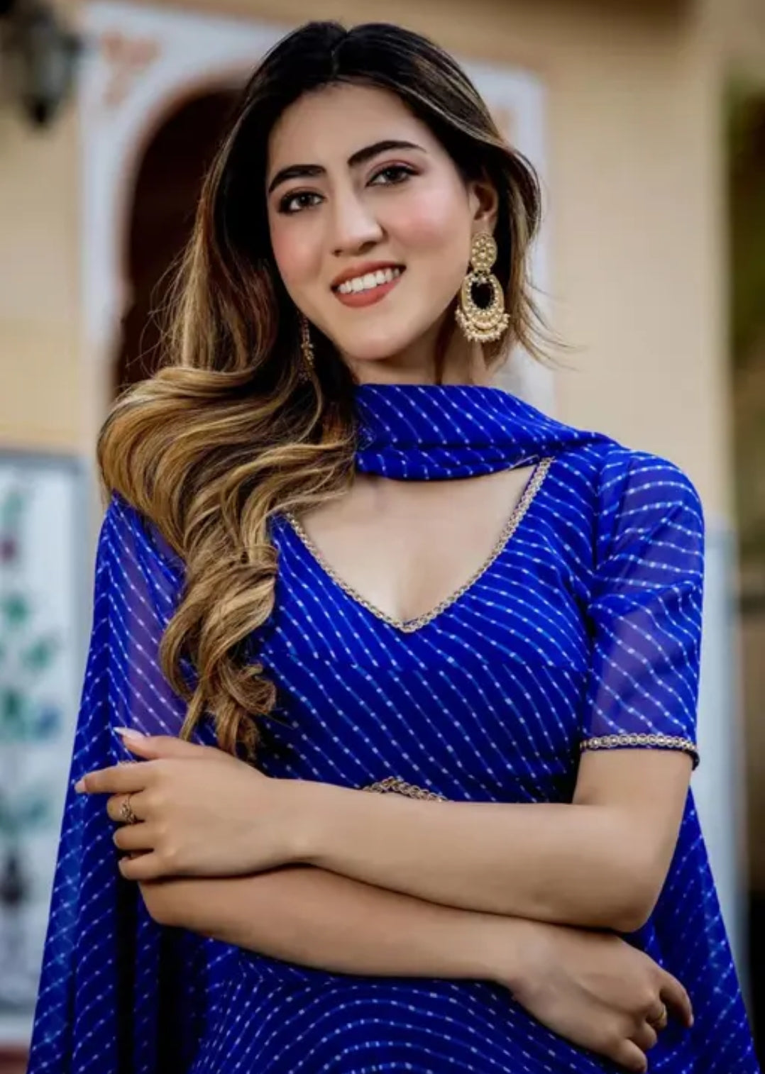 Blue Georgette Leheriya Semi-stiched Lengha