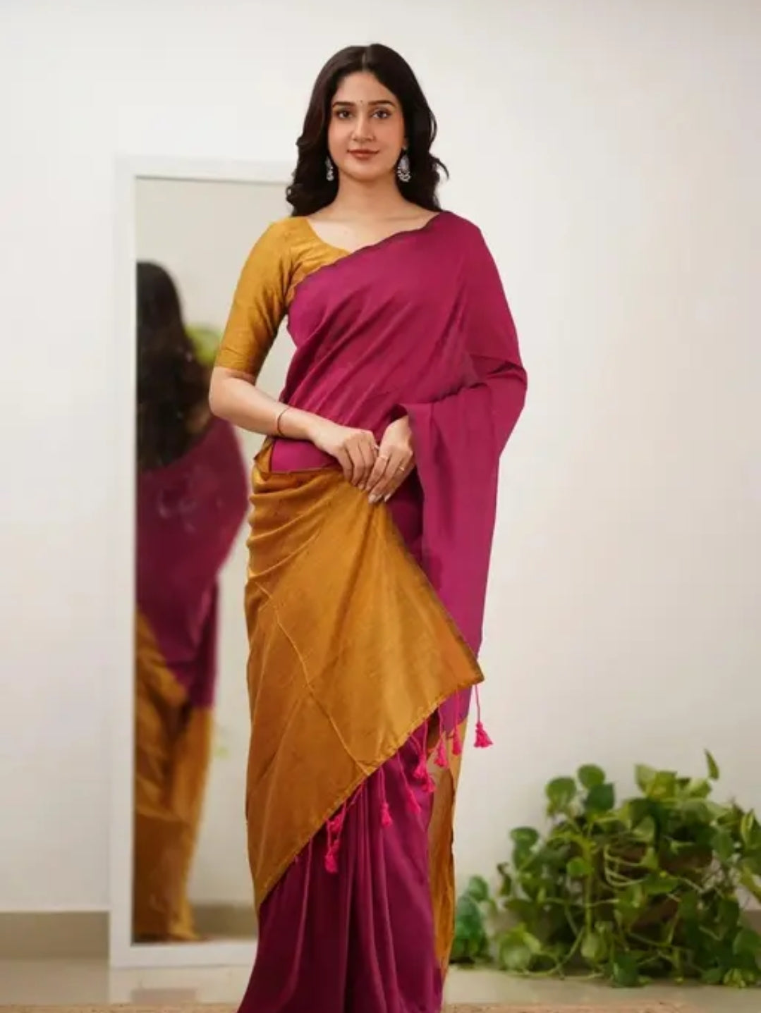 Woven Handloom Pure Cotton Duel Shade Saree - Pink & Orange