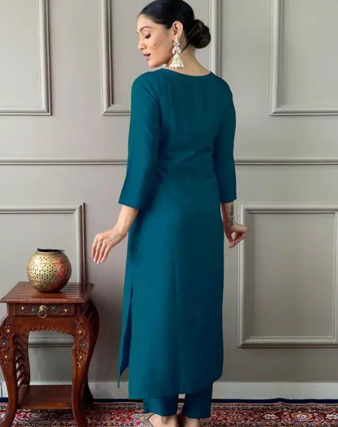 Teal Embroidered Rayon Kurta Set