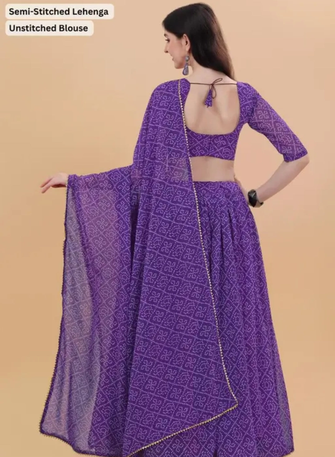 Purple Georgette Bandhni Semi-stiched Lengha