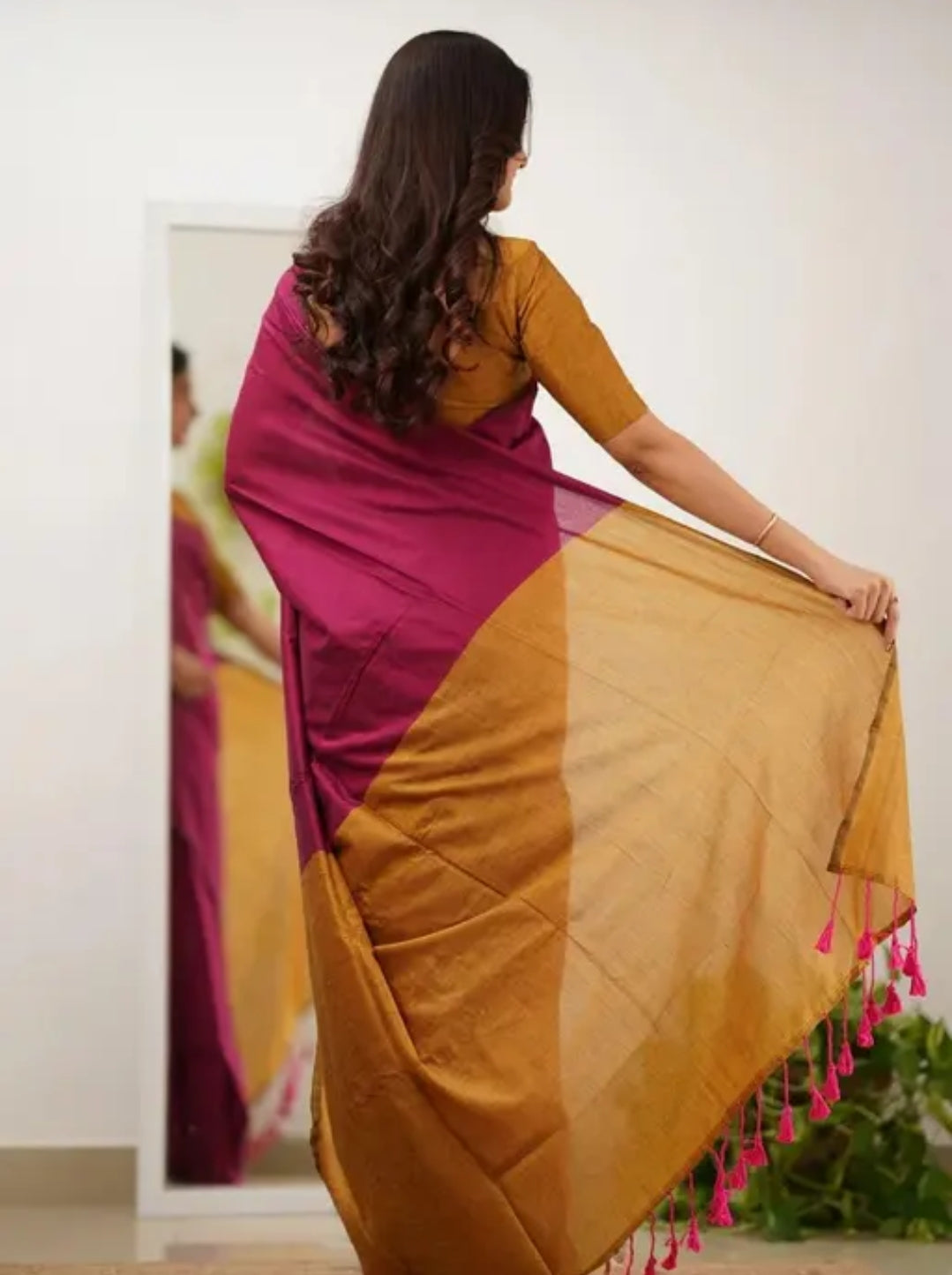 Woven Handloom Pure Cotton Duel Shade Saree - Pink & Orange