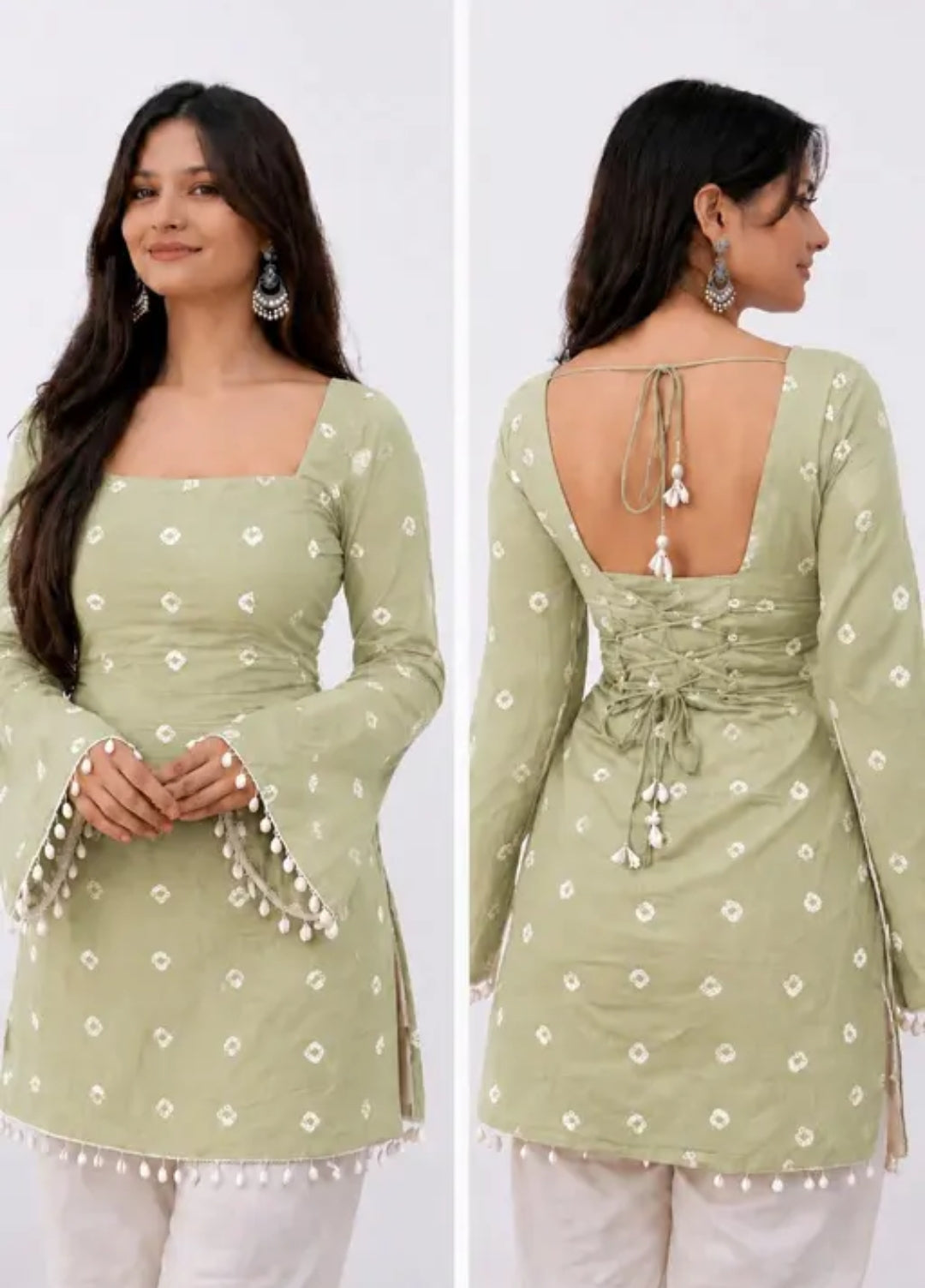 Green Cotton Bandhej Short Kurti