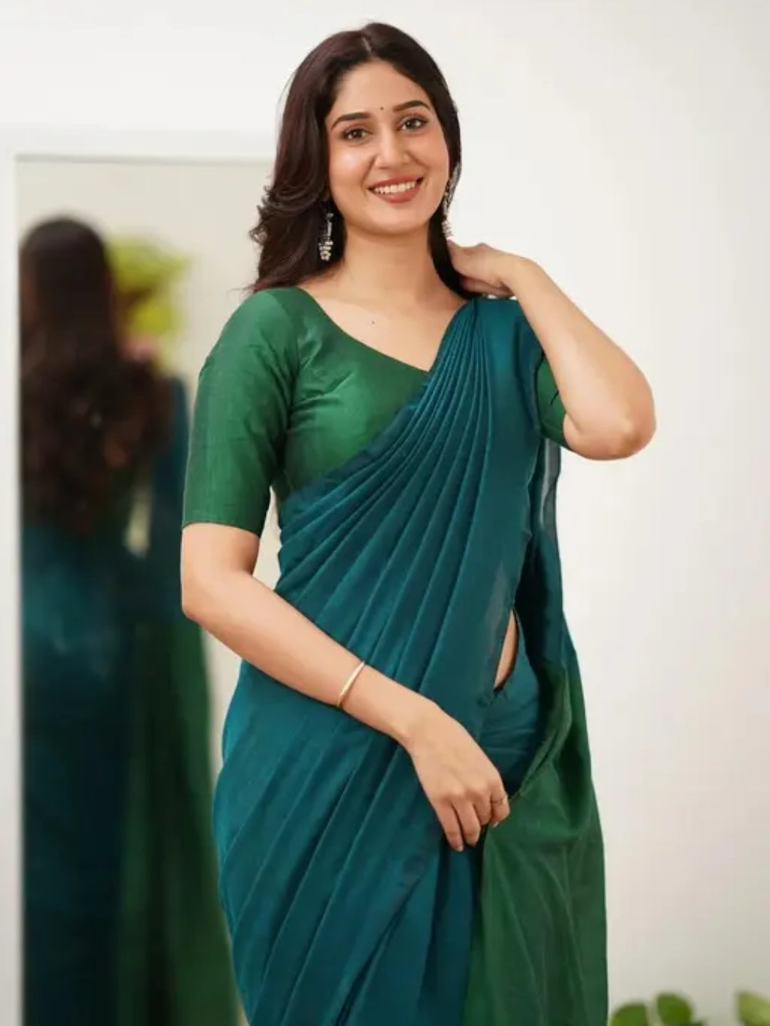 Woven Handloom Pure Cotton Duel Shade Saree - Green & Teal