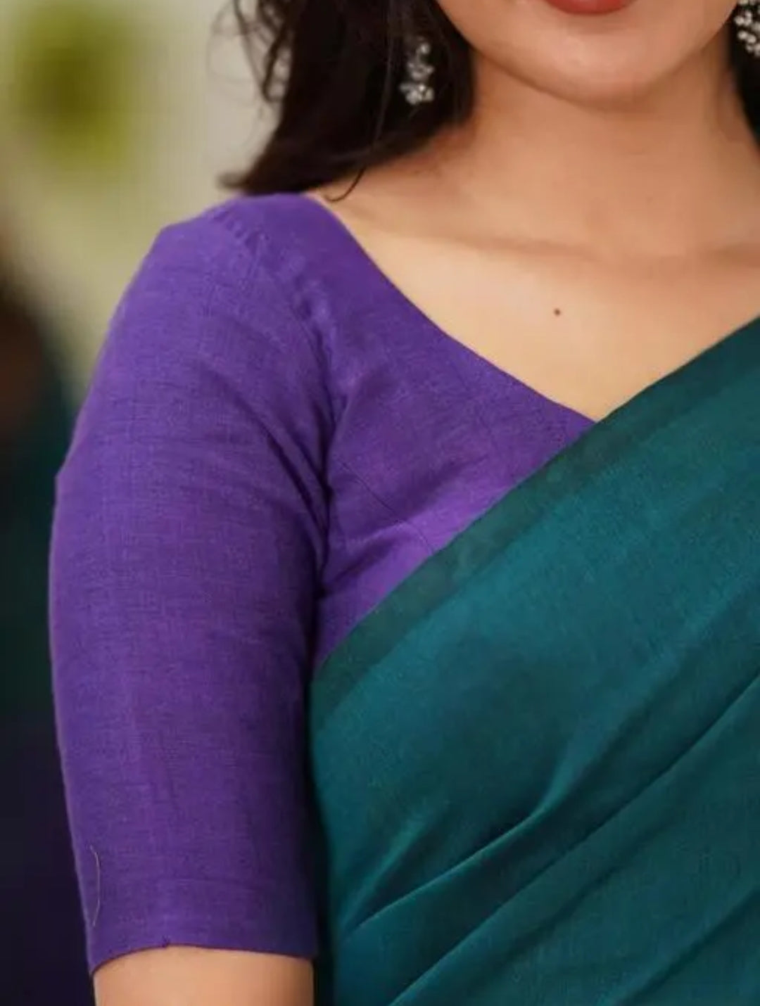 Woven Handloom Pure Cotton Duel Shade Saree - Teal & Purple