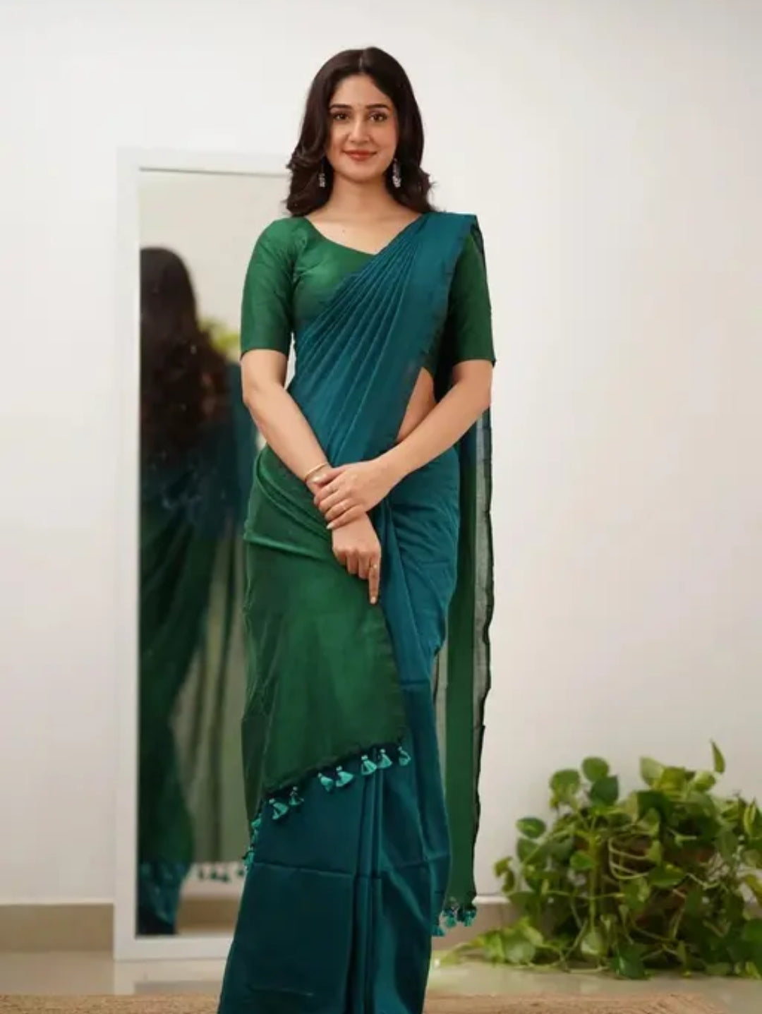 Woven Handloom Pure Cotton Duel Shade Saree - Green & Teal