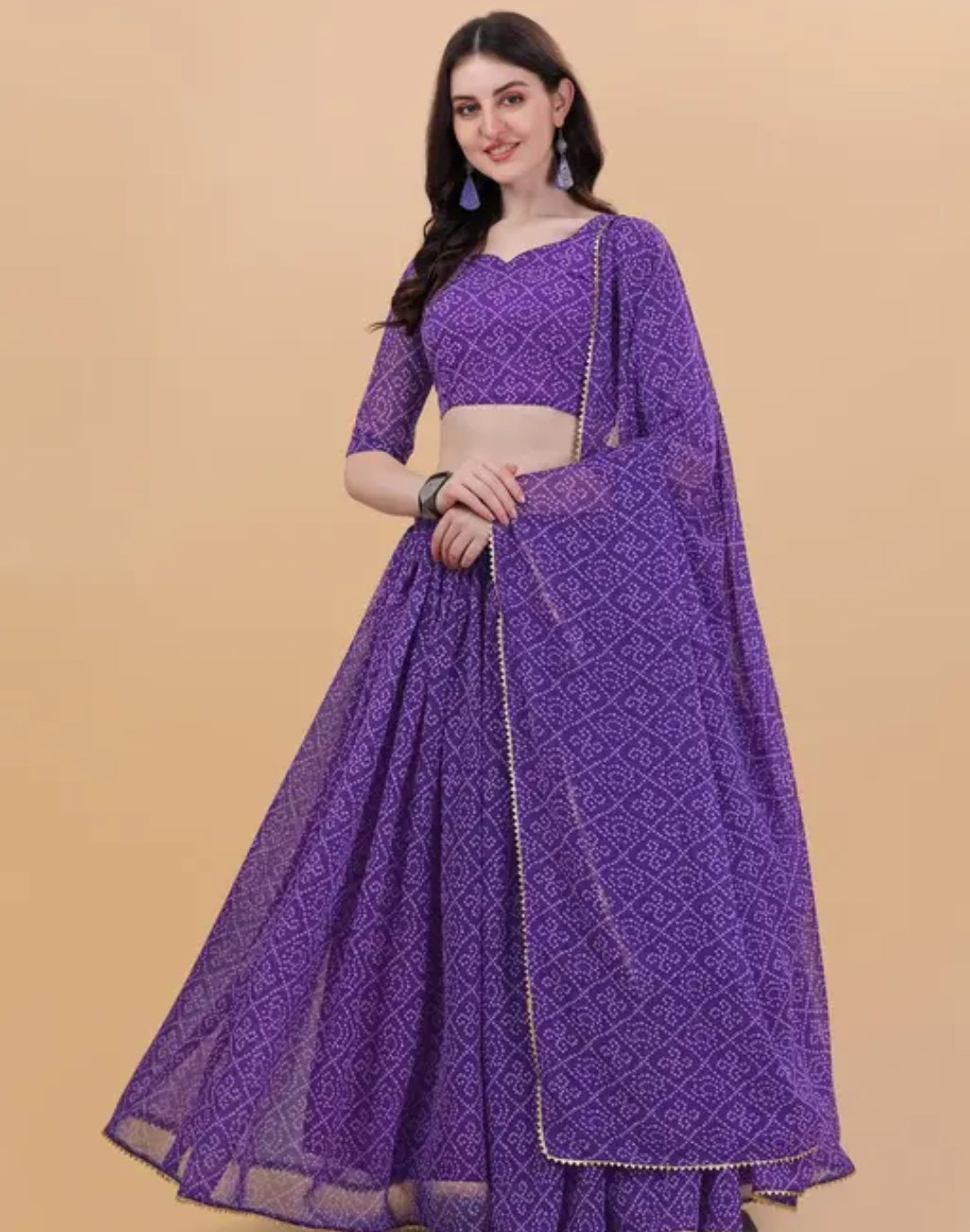 Purple Georgette Bandhni Semi-stiched Lengha