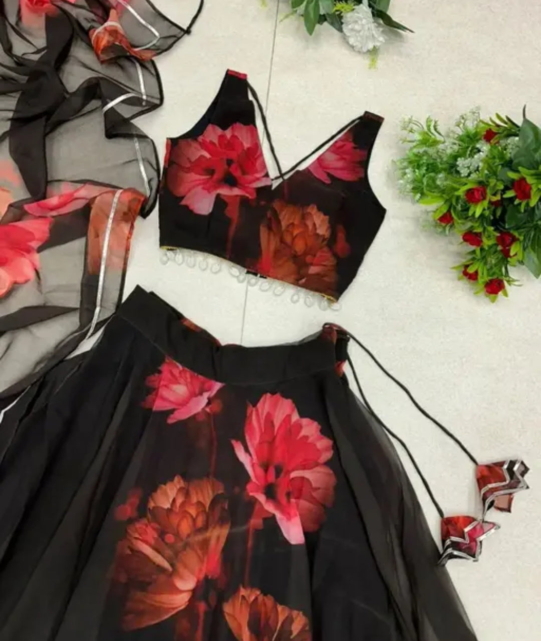 Semi-stiched Organza Floral Print Lengha Choli