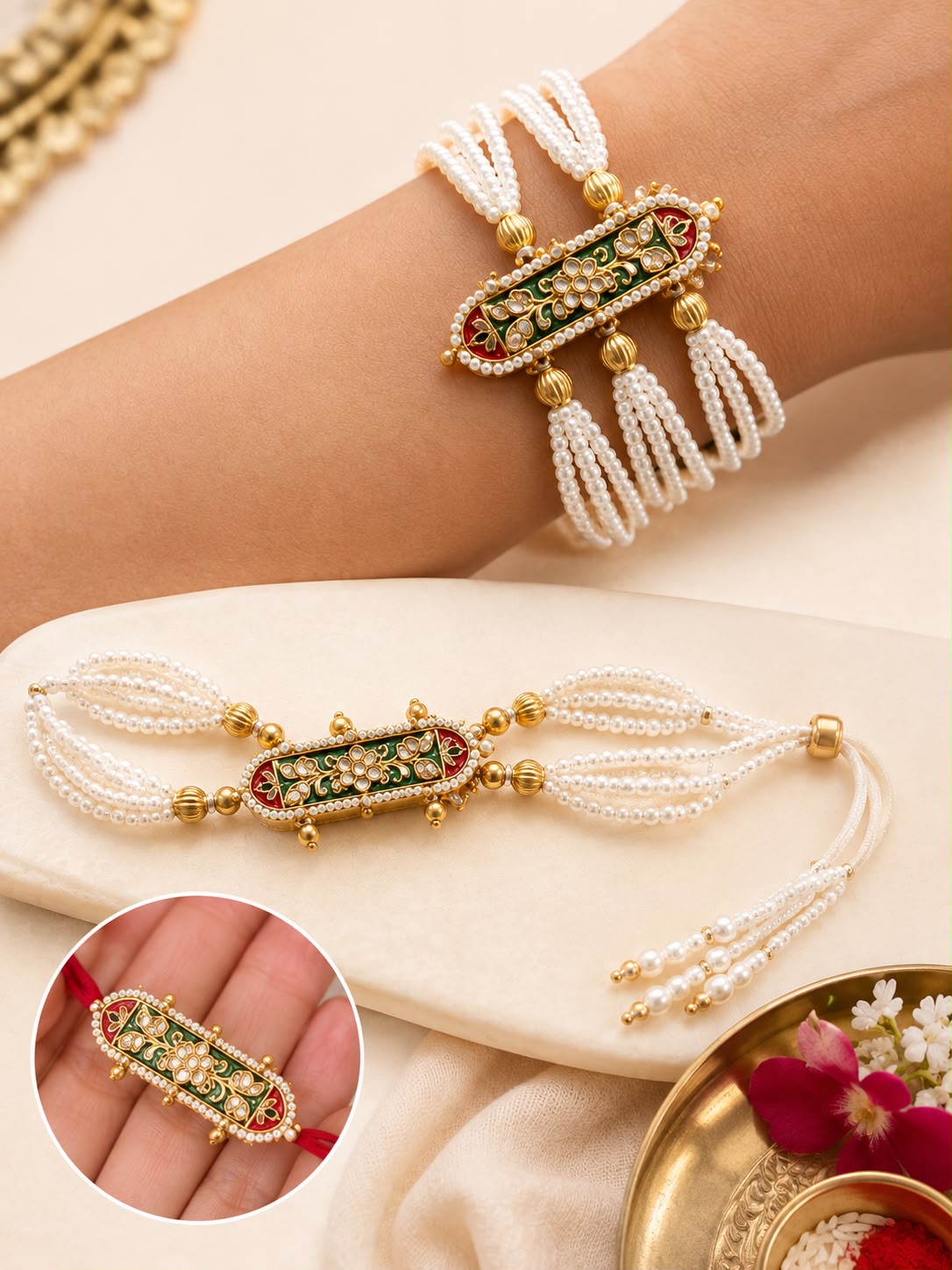 Royal Pearl Meenakari Bhaiya Bhabhi Rakhi Set