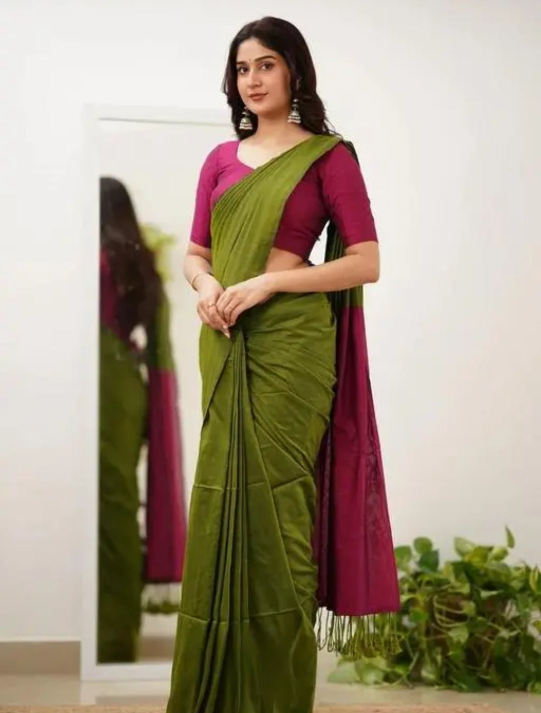 Woven Handloom Pure Cotton Duel Shade Saree - Green & Pink