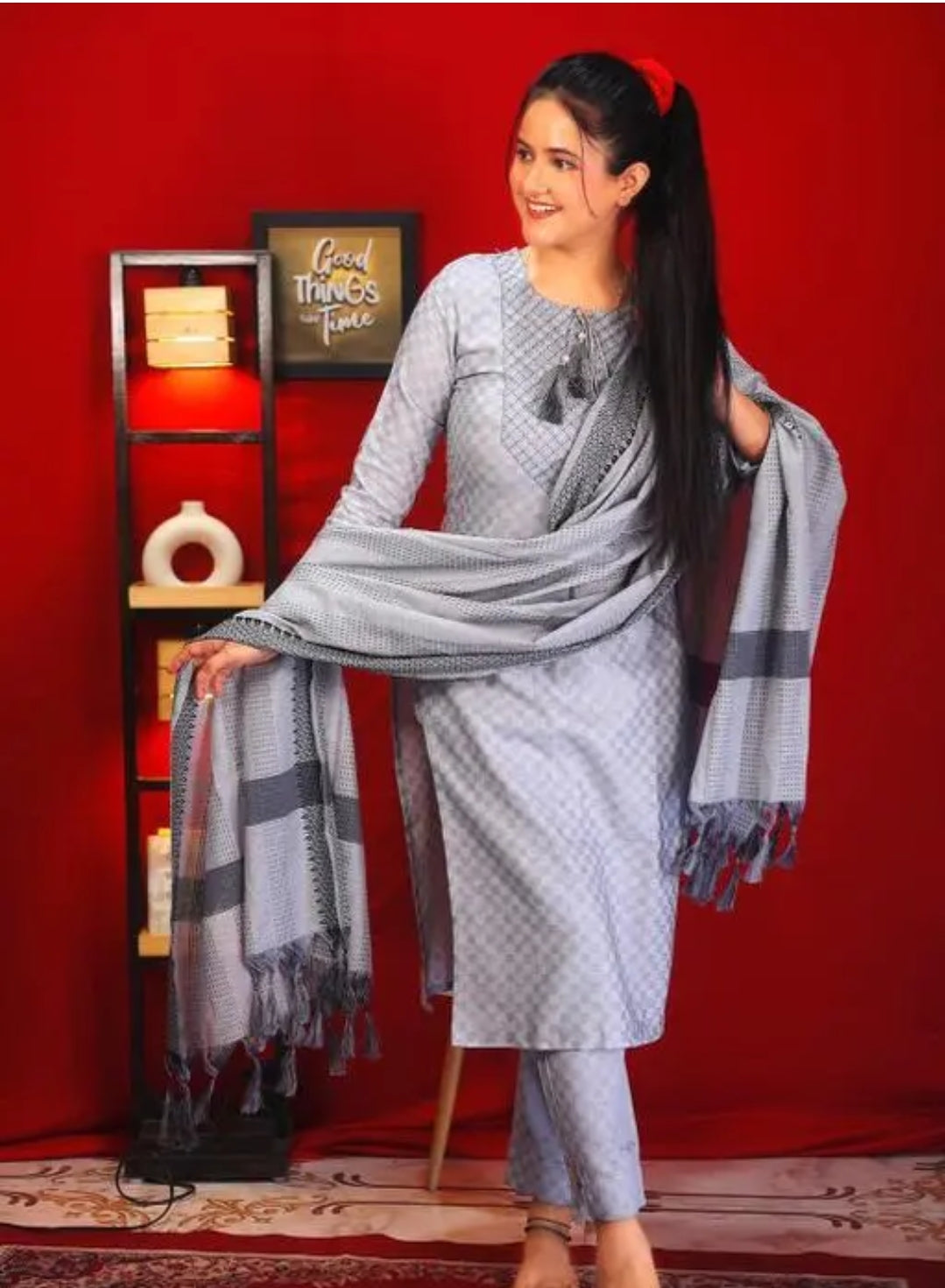 Cotton Embroidered Stright Kurti Set