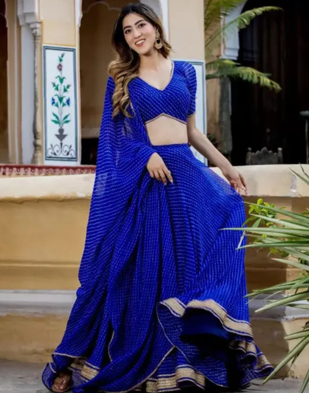 Blue Georgette Leheriya Semi-stiched Lengha