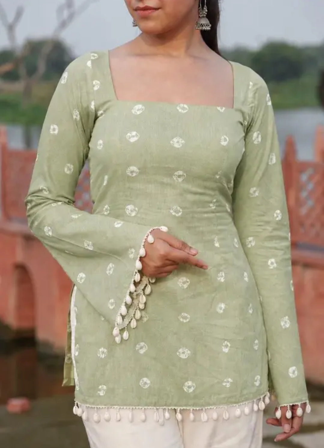 Green Cotton Bandhej Short Kurti