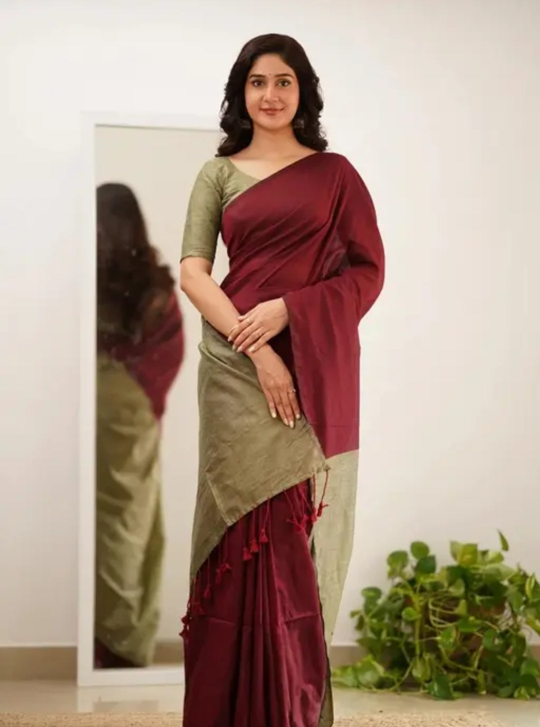 Woven Handloom Pure Cotton Duel Shade Saree - Maroon & Beige