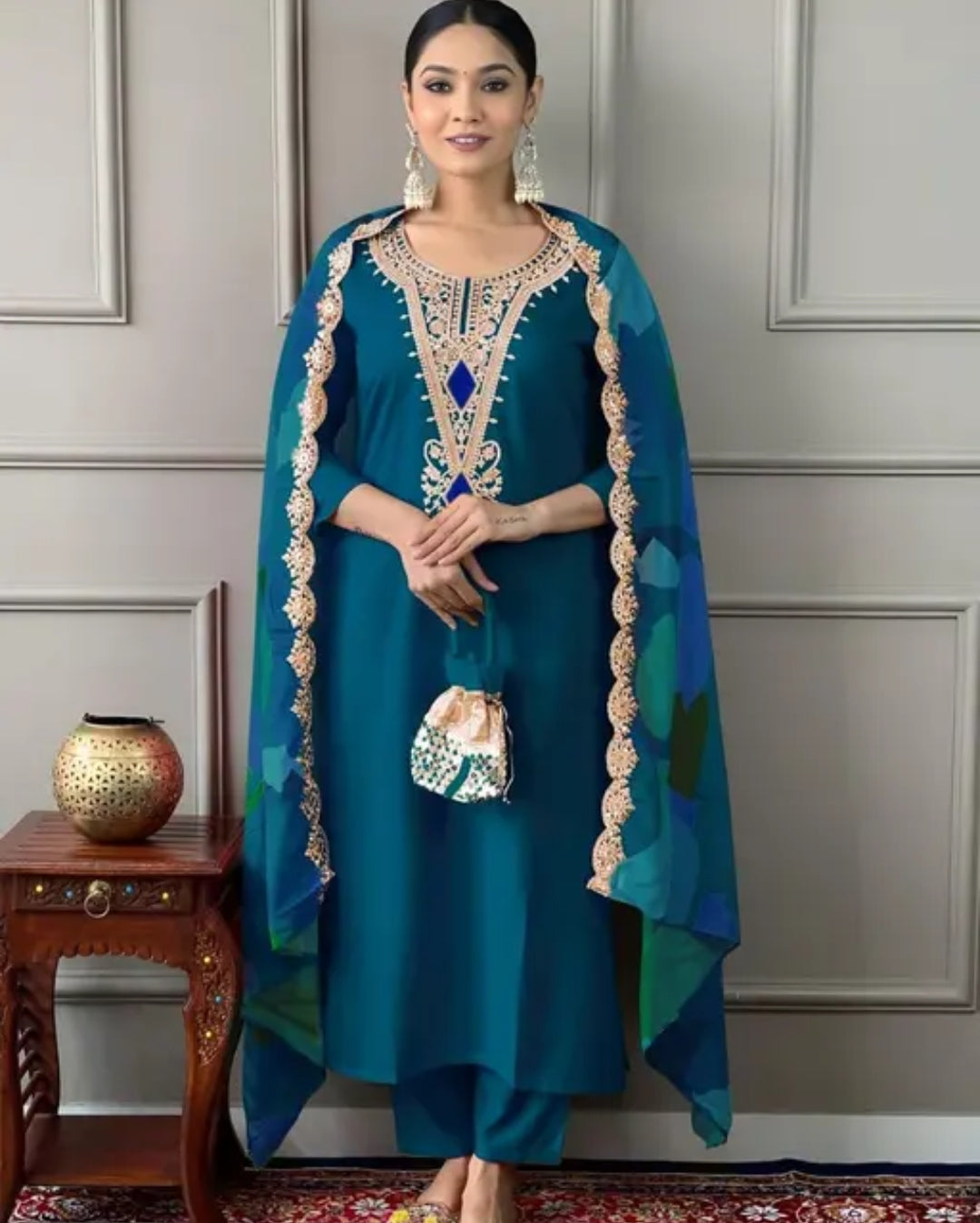 Teal Embroidered Rayon Kurta Set
